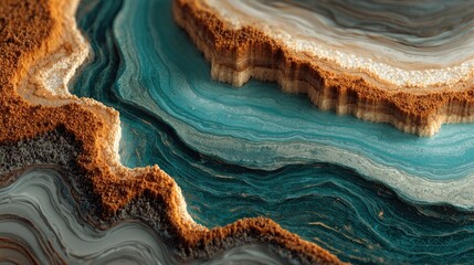 Abstract layers earth-toned lands, swirling aqua water