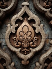 Intricate carved flower motif tile on textured stone background