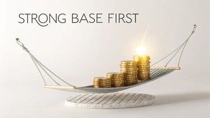 Strong Base First Concept with Stacked Coins on a Hammock Representing Financial Growth and Stability