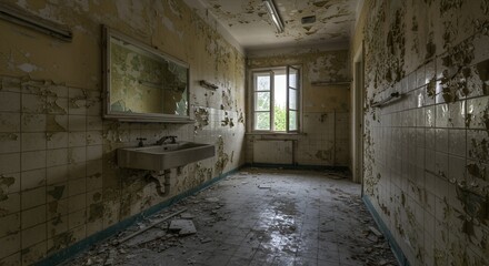 Dilapidated bathroom showcases decay with peeling paint and broken mirror creating a spooky mood.