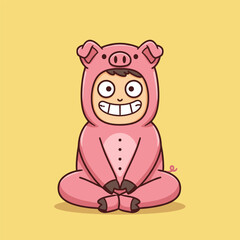 Cartoon person in pink pig costume, sitting cross-legged with big smile on light yellow background.