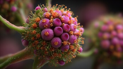 Obraz premium Pink, orange, green spheres with filaments on a blurred stem