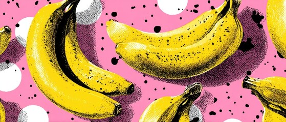 Bananas on pink, white spots, ink splatter, bright, fun