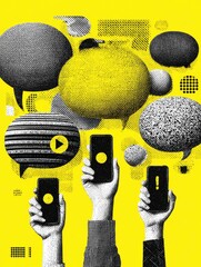 Phones held amidst talking bubbles, on a yellow background