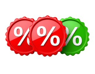 Three glossy, circular emblems with percentage signs, red and green with a black background