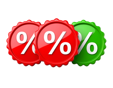 Three glossy, circular emblems with percentage signs, red and green with a black background - Powered by Adobe