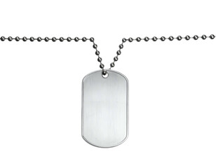 A silver, rectangular, military-style identification tag on a ball chain, against a black backdrop