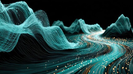 Wavy, glowing turquoise lines over dark ground with gold specks
