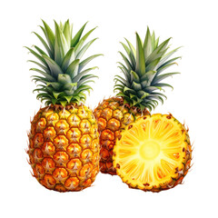 Two pineapples, one whole, one sliced,  displaying vibrant yellow flesh and green leaves