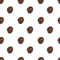 doodle pattern of irregularly asteroid brown object with a dark outline. It features several small, lighter brown circular markings and one larger, light grey circular marking