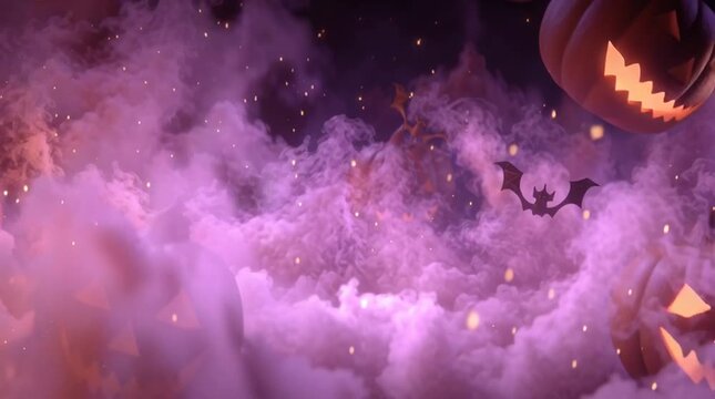Halloween motion graphics video with glowing pumpkin faces, purple and orange smoke, floating bat silhouettes, eerie atmosphere, abstract seamless loop, cinematic lighting, high-detail spooky animatio