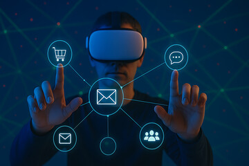 Man using VR headset with holographic icons symbolizing augmented reality digital network and futuristic communication