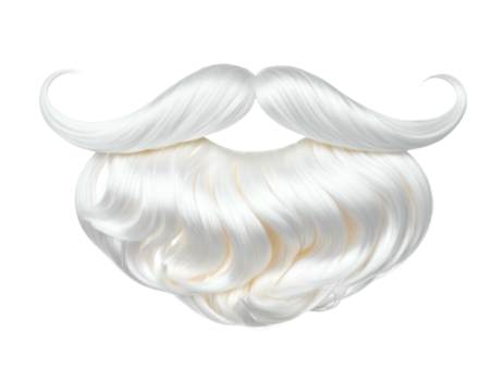 A fluffy white beard and mustache combo, curly edges, isolated on black - Powered by Adobe