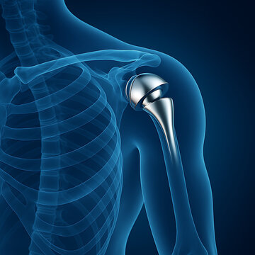 Medical 3D illustration of human skeleton showing artificial shoulder joint replacement implant and bone anatomy