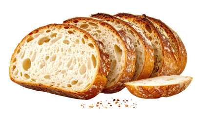 Sliced loaf of artisan bread, golden-brown crust, light-colored crumb,  freshly baked, with scattered seeds