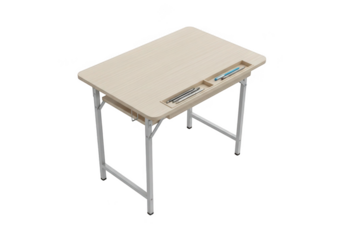 A simple beige student desk with a drawer isolated on a transparent background for easy editing isolated on transparent background