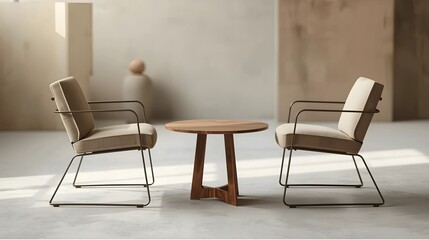 Fototapeta premium Modern Minimalist Chairs with Round Wooden Table