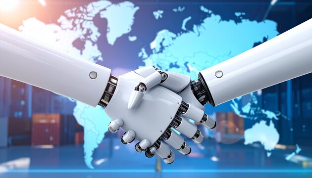 Robot shaking hands with hologram logistics map in background, symbolizing AI collaboration, automation, and futuristic supply chain - Powered by Adobe