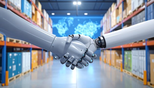 Robot shaking hands with hologram logistics map in background, symbolizing AI collaboration, automation, and futuristic supply chain