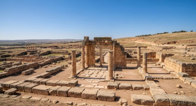 Ancient ruins of a temple complex under a clear sky