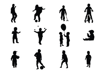 happy child boy playing enjoying set collection pack bundle black shape icon silhouette vector flat illustration design on white background