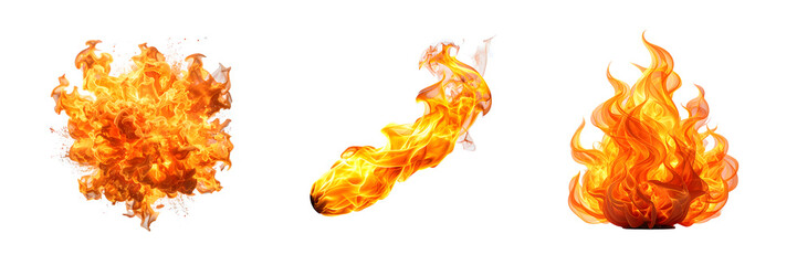Dynamic collection of digitally rendered fire elements, featuring a fiery explosion, a streaking fireball, and a classic bonfire flame for visual effects