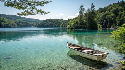 A small boat is calmly sitting on the sandy shore of a picturesque lake that is beautifully surrounded by lush green trees