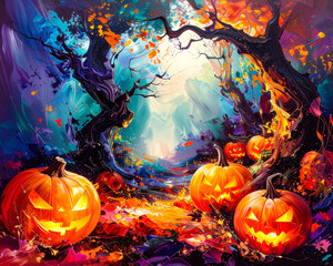 Dark forest with twisted trees, glowing pumpkins at edges, center empty space