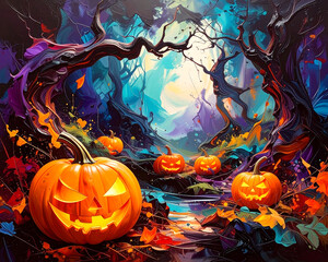 Dark forest with twisted trees, glowing pumpkins at edges, center empty space