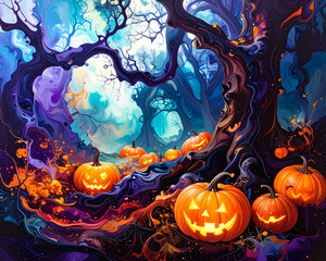 Dark forest with twisted trees, glowing pumpkins at edges, center empty space