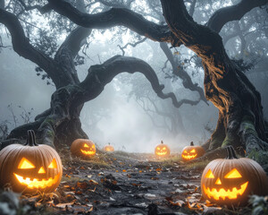Dark forest with twisted trees, glowing pumpkins at edges, center empty space