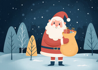 Cute cartoon Santa Claus holding gift bag, winter night background
