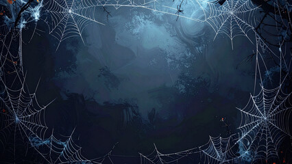 Halloween spider webs in corners, gradient dark background center clear for text