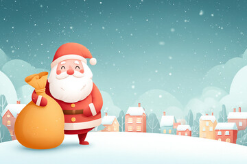 Cute cartoon Santa Claus holding gift bag, winter night background