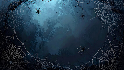 Halloween spider webs in corners, gradient dark background center clear for text