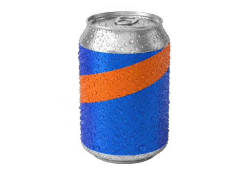 A refreshing cold beverage can with blue and orange design isolated on transparent background