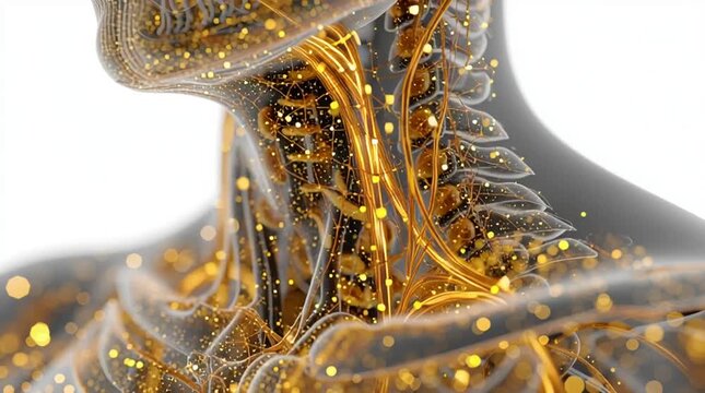 Highly detailed 3D medical illustration of a semi-transparent human upper body on white background, showing glowing throat and larynx with golden streams representing healing garlic and honey enzymes