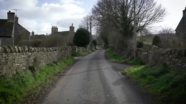 Country Road Leading to Stone Houses Surrounded by Green Grass and Bare Trees under Cloudy Sky in the Countryside Landscape of Natural Light