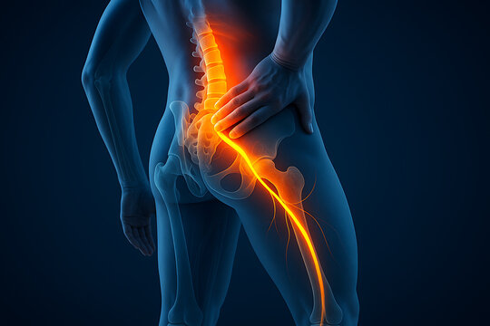 Medical illustration of human body highlighting sciatic nerve inflammation causing hip leg pain