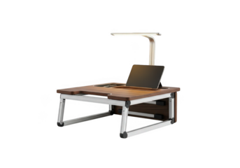 Portable laptop bed desk with adjustable lamp and built in fan isolated on transparent background