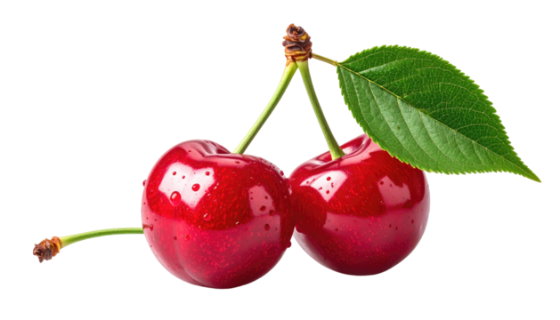 Two ripe cherries with a leaf