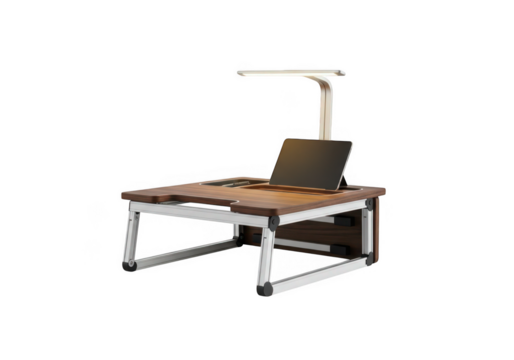 Portable laptop bed desk with adjustable lamp and built in fan isolated on transparent background