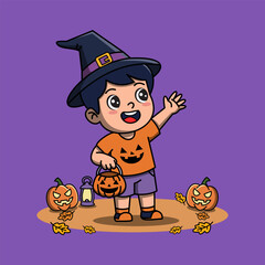 Little Boy in Halloween Costume Waving Hand Cartoon
