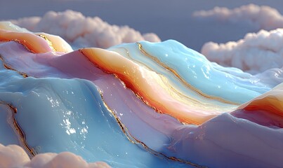 Luminous, layered terrain with golden seams, cloudscape backdrop