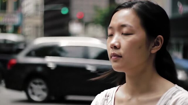 Serene Moment Asian Woman Finds Peace in City's Hectic Life