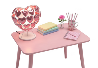 Pink heart shaped lamp and study supplies on a small desk isolated on transparent background