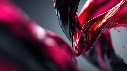 Swirling ribbons, crimson and black, against soft gray