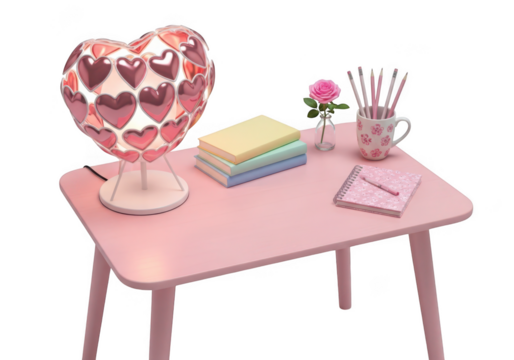 Pink heart shaped lamp and study supplies on a small desk isolated on transparent background