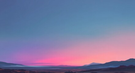 Sunset's Serenade: The sky is ablaze with hues of pink and blue over the tranquil silhouette of mountains and landscape. The soft, warm colors blend to create a picturesque view.
