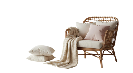 Cozy rattan lounge chair with soft cushions, throw blanket, and decorative pillows, Scandinavian boho style seating for modern living room, reading nook, or stylish home interior